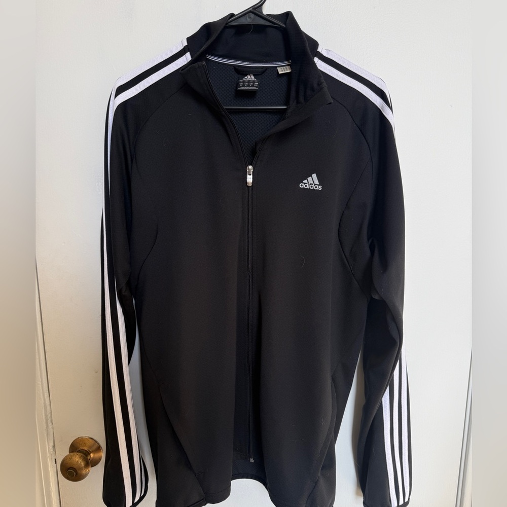 Adidas Men's Black Zip-Up Sweater with White Accents